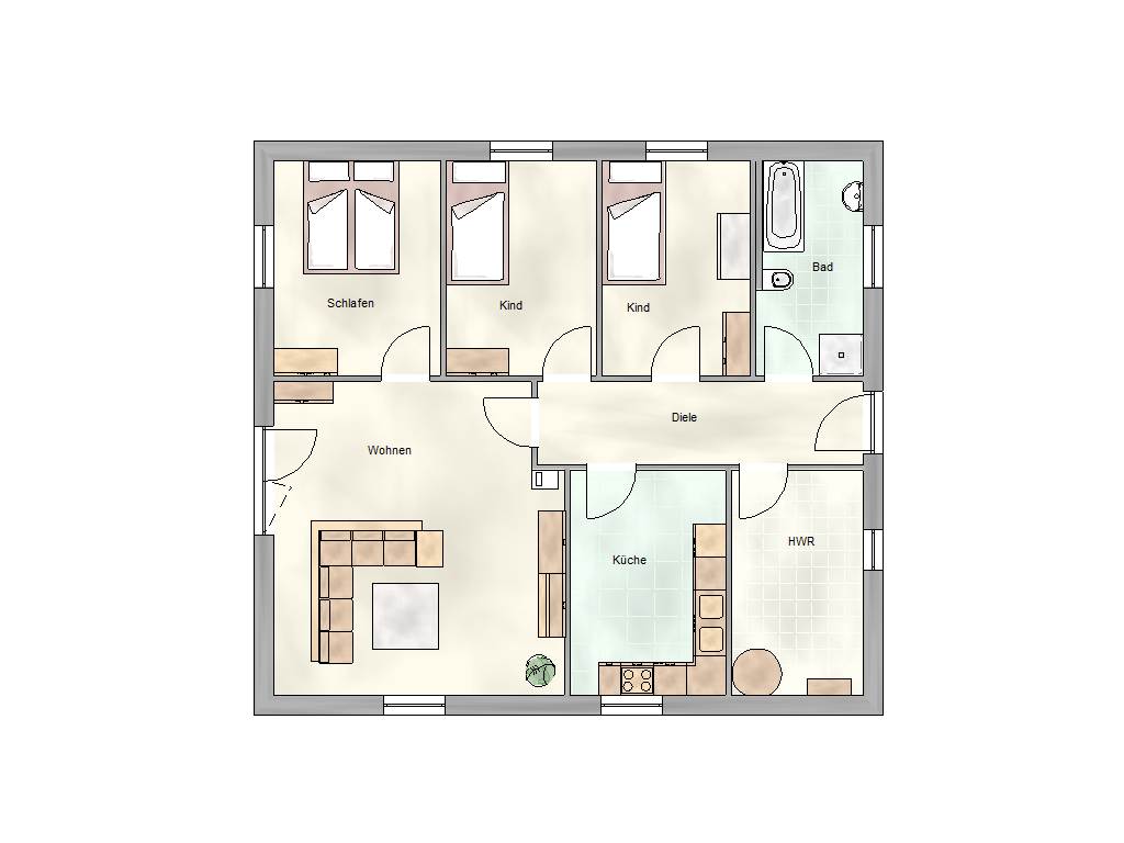 Grundriss Adagio: 4 Zimmer, Bad, Diele, Küche, HWR