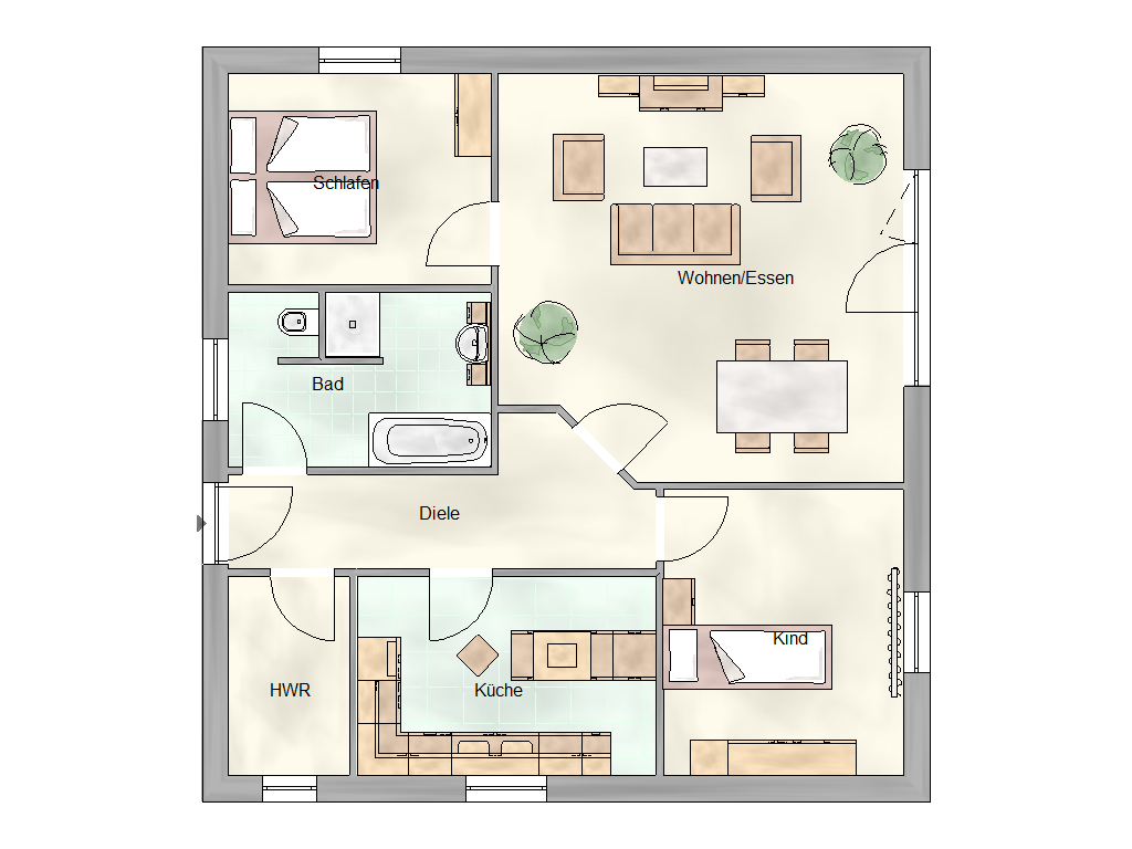 Grundriss Arietta: 3 Zimmer, Küche, Diele, Bad, HWR