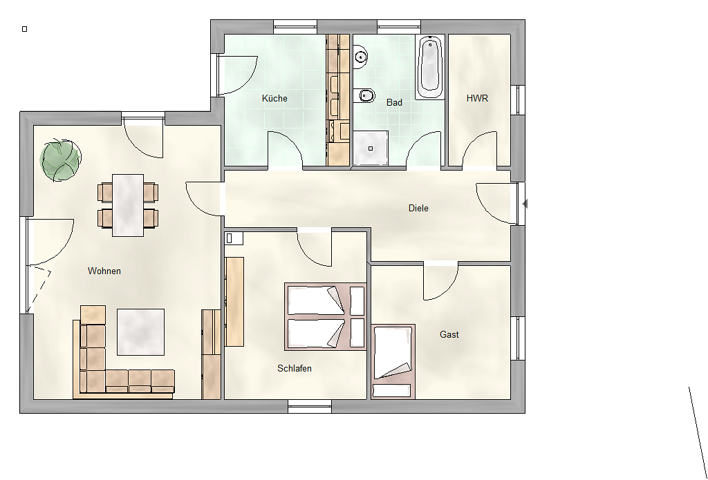 Grundriss Erdgeschoss Belcanto: 3 Zimmer, Küche, Diele, Bad, Hauswirtschaftsraum