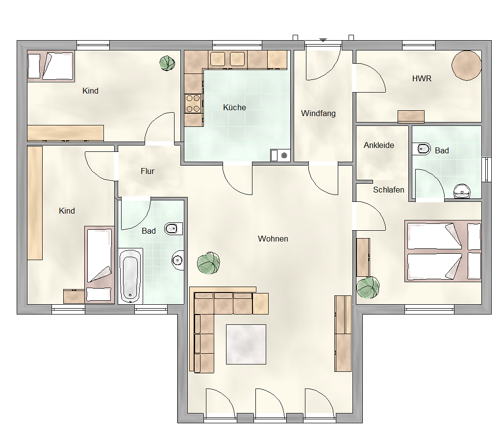 Grundriss Bolero: 4 Zimmer, Küche, Bad, Flur, WC, Ankleide