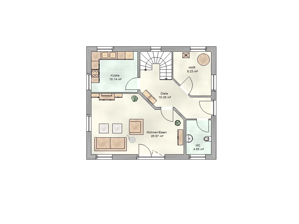 Grundriss Erdgeschoss Encore: 4 Zimmer, Diele, HWR, WC, Bad, Küche, Flur