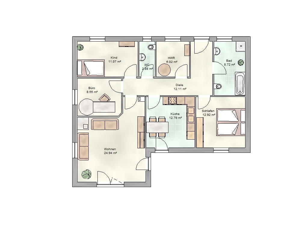 Grundriss Intrada: 4 Zimmer, Küche, WC, Bad, Diele, HWR