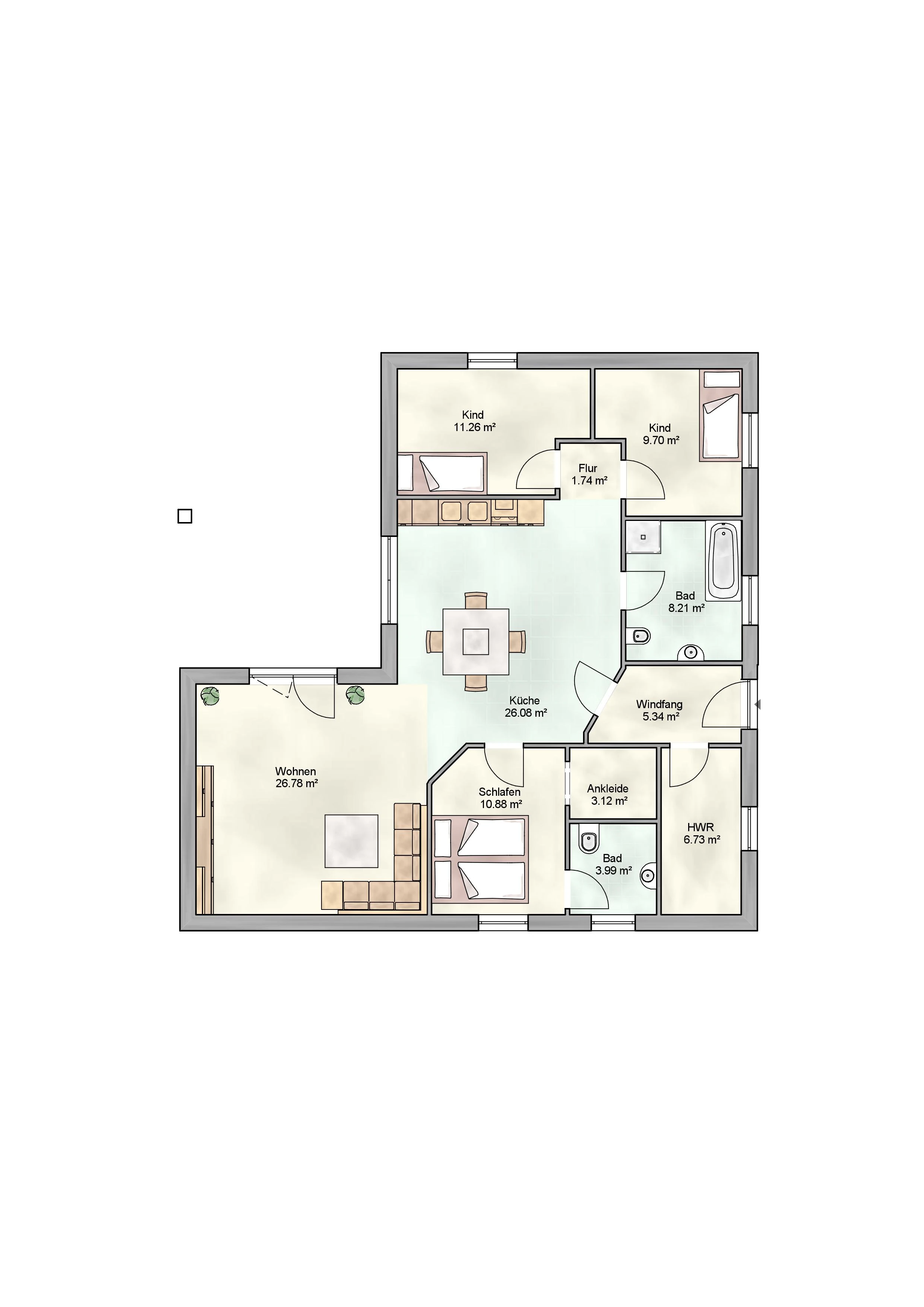 Grundriss Veloce: 4 Zimmer, offene Küche, Flur, Windfang, Bad, WC, Ankleide, HWR