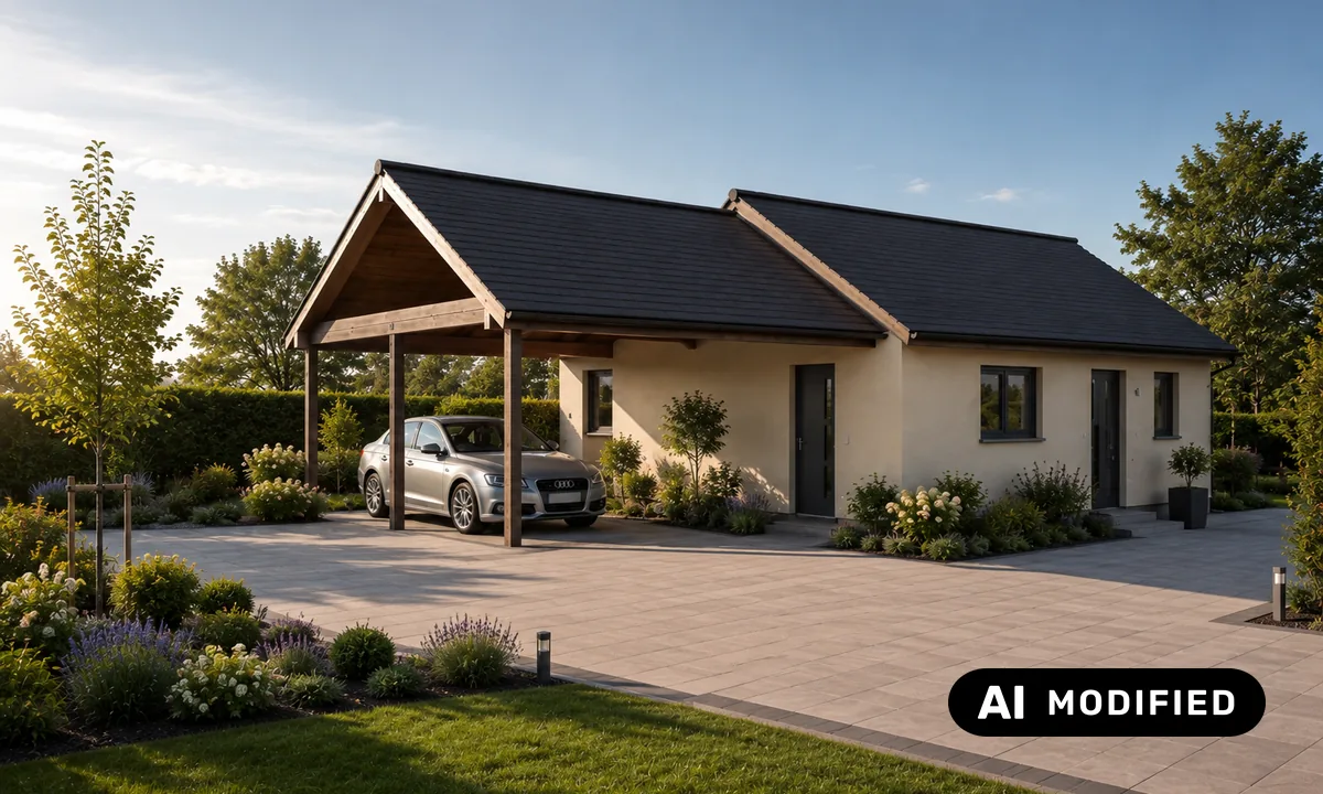 Bungalow mit dunklem Satteldach und angebautem Holz-Carport