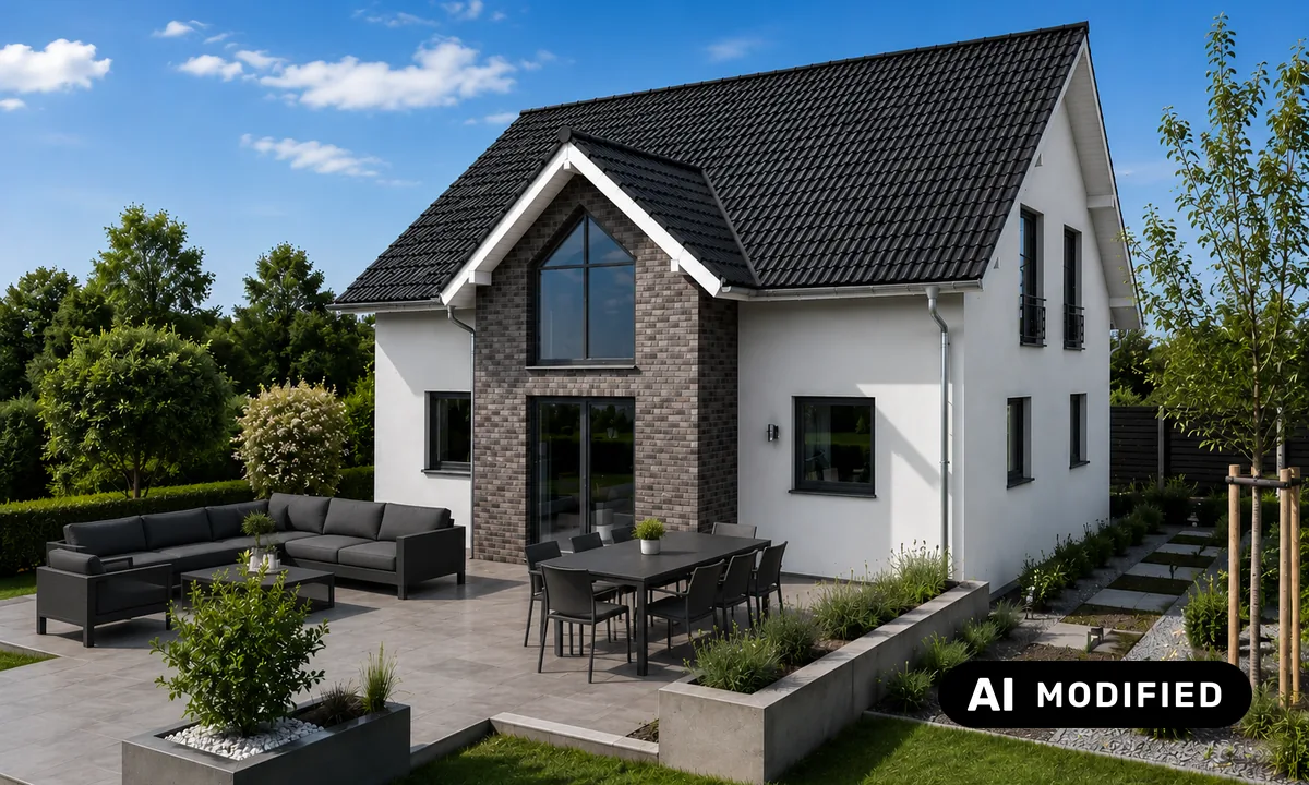 Einfamilienhaus mit Klinkergiebel und Terrasse mit Lounge-Möbeln